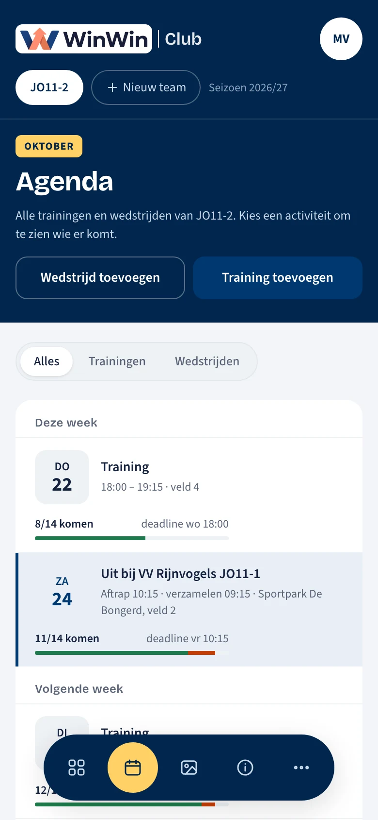 De agenda van JO11-2: de training van donderdag en de uitwedstrijd van zaterdag, met per activiteit hoeveel spelers komen en de deadline om te reageren.